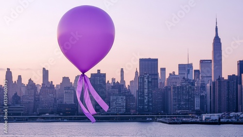 Purple Balloon Ascends Over City Skyline