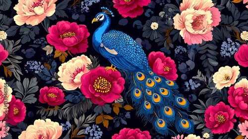 Peacock amidst vibrant peonies floral seamless pattern.