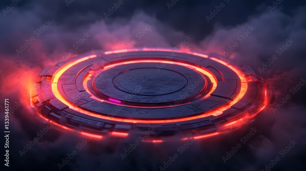 Fototapeta premium A glowing, circular structure emerges from mist, featuring vibrant orange and purple lights, creating a futuristic and mysterious atmosphere.