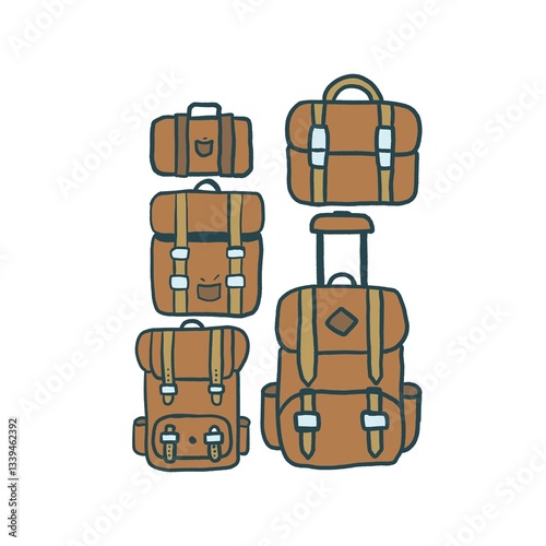 Brown leather Minimalistic Isolated Seamless icon vector style pattern set and pack of bags baggage luggage adventure trip on white background colourful wallpaper paper wrap with journey items bag