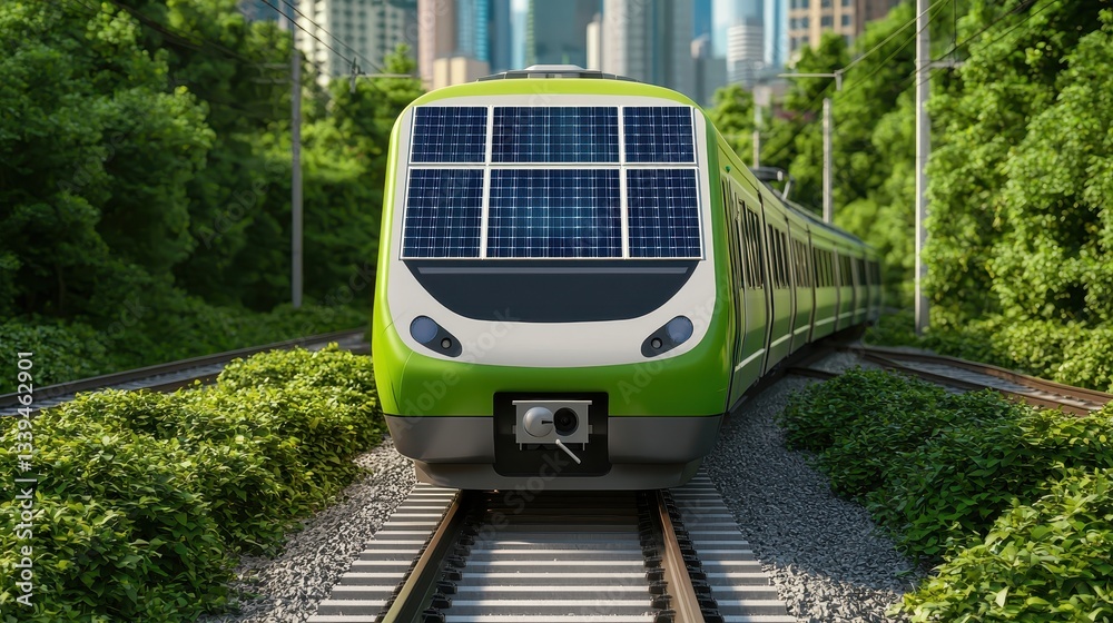 Naklejka premium A modern solar-powered train travels through lush greenery, showcasing sustainable transport amid a cityscape backdrop.