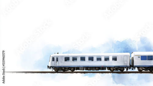 watercolor illustration of white train on tracks, evoking sense of travel and adventure