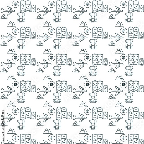 Minimalistic Isolated Seamless black and white icon vector style pattern set and pack of adventure trip on white background colourful wallpaper paper wrap with journey items bags bag, map and planes