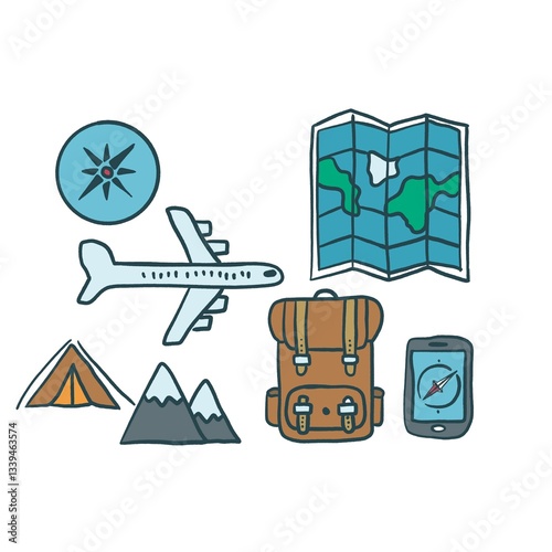Minimalistic Isolated Seamless icon vector style pattern set and pack of adventure gear transport trip on white background colourful wallpaper paper wrap with journey items bags bag, map and planes