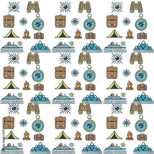 Minimalistic Isolated Seamless icon vector style pattern set and pack of adventure trip on white background colourful wallpaper paper wrap with journey items bags bag, map and planes