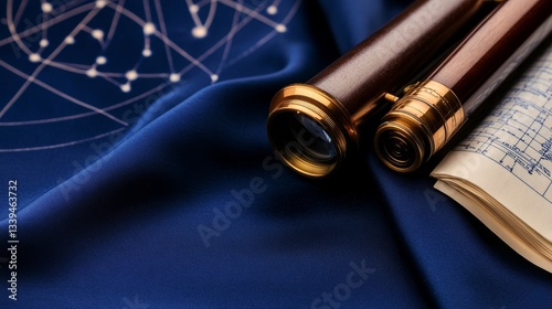 Vintage telescope and map resting on blue fabric, showcasing exploration and discovery themes