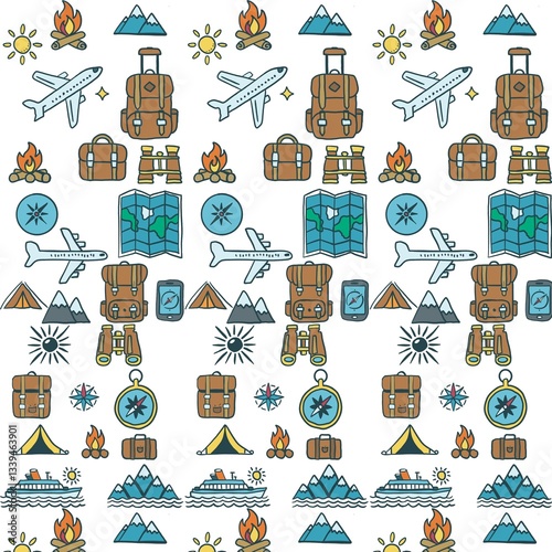 Minimalistic Isolated Seamless icon vector style pattern set and pack of adventure trip on white background colourful wallpaper paper wrap with journey items bags bag, map and planes