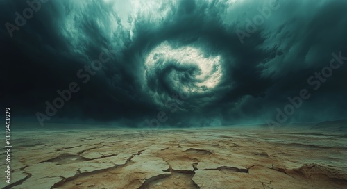 Dramatic Swirling Storm Clouds Gather Over Cracked Earth in a Barren Landscape