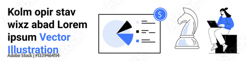 Free Download Financial pie chart with growth metrics beside giant chess knight symbol and seated woman on laptop. Ideal for business, strategy, finance, analytics, education, teamwork, simple landing page - GFXLoad