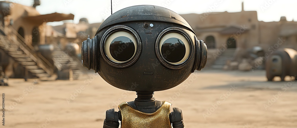 Robotic droid stares, in a desert market, with buildings, likely for science fiction, technology, game art, and fantasy use Robotic droid stares, in a desert market, with buildings, likely for science fiction, technology, game art, and fantasy use
