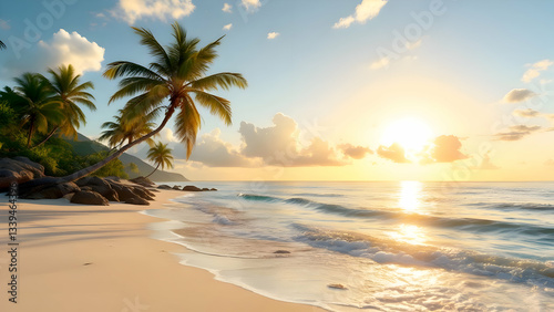 Serene Tropical Beach at Sunset with Palm Trees and Gentle Waves