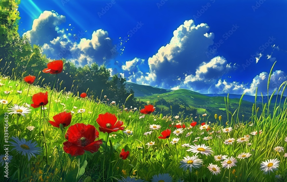 Naklejka premium Lush Meadow With Red Poppies and White Daisies Under a Bright Blue Sky in Spring