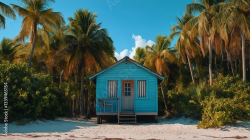 Rustic Beach Cabin With Deck, Lounge Chairs, and Palm Trees on a Sunny Day