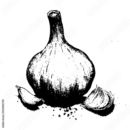 vintage style black and white engraving vector of garlic bulb and cloves