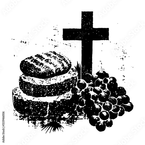 black and white christian vector with bread, grapes and cross in vintage grunge style