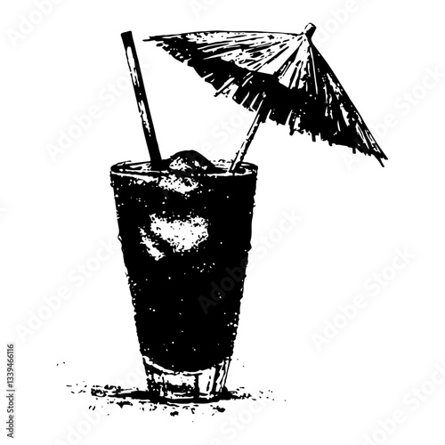 tropical drink vector with umbrella and straw, black and white grunge style