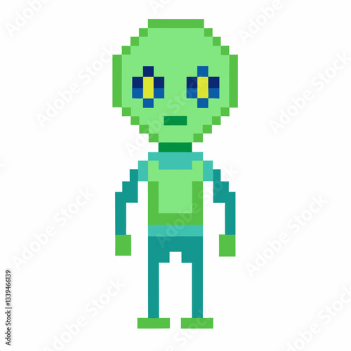 Retro Pixel Art Green Alien Character for Sci Fi and Gaming Design