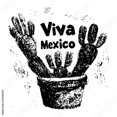 cactus plant in pot with viva mexico text, bold grunge vector in black and white
