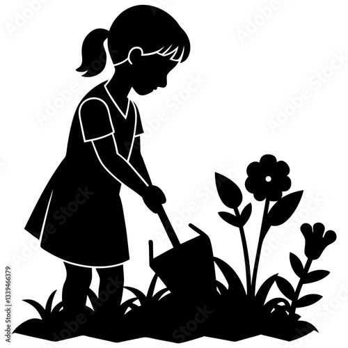 Silhouette vector illustration of a gardener working in a garden, symbolizing care, nature, and dedication