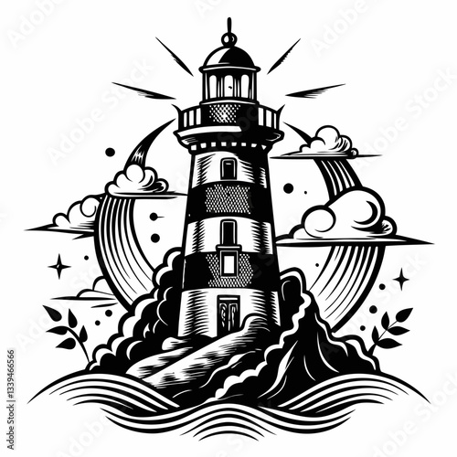 Vintage Lighthouse with Waves and Clouds in Monochrome Illustration