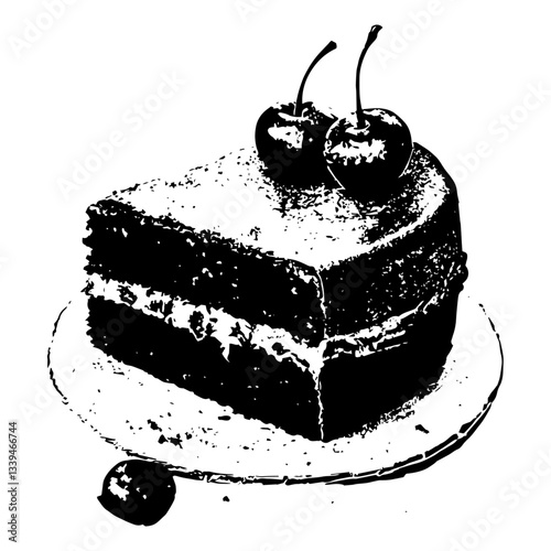 Vintage stipple slice of chocolate cake with cherries – monochrome vector illustration