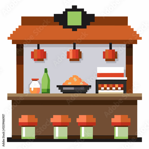 Retro Pixel Art Style Food Stand with Asian Cuisine Elements