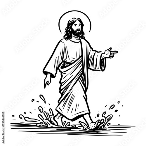 Line art Jesus Christ walking on water – biblical vector illustration