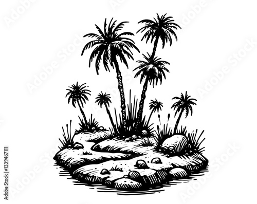 Vintage stipple tropical palm island landscape – black‑and‑white vector illustration