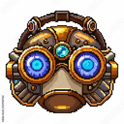 Steampunk Pixel Art Robot Head with Metallic Goggles and Blue Eyes