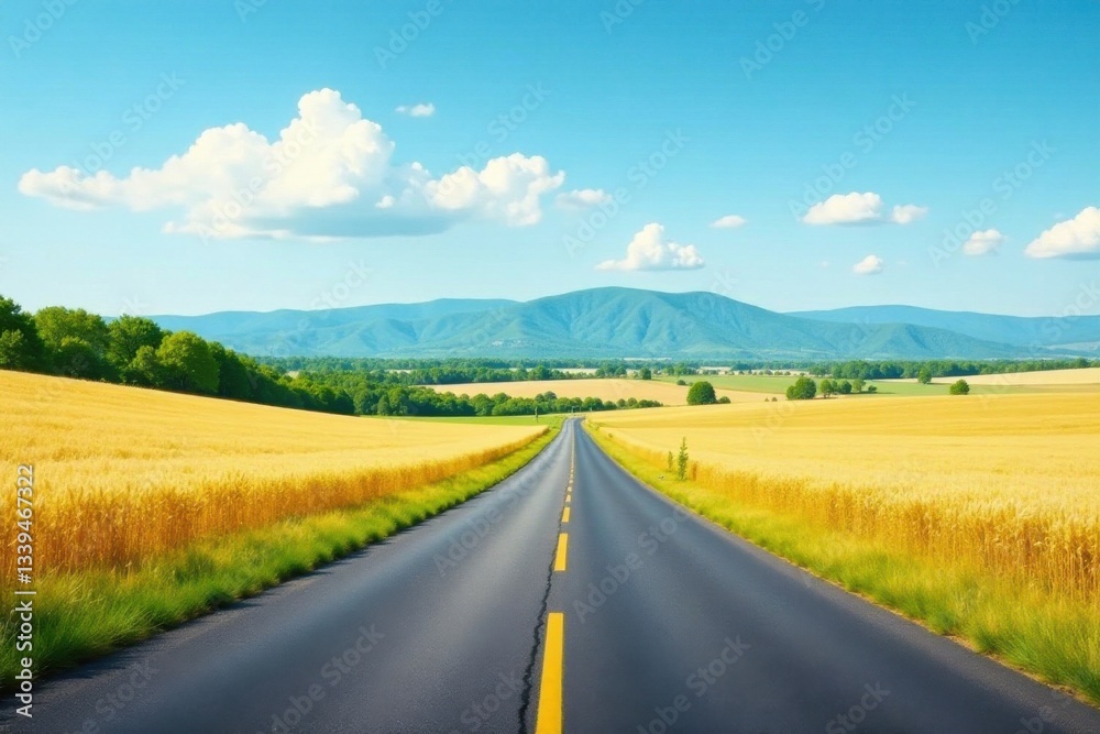 Fototapeta premium Asphalt Road Through Golden Fields Under a Summer Sky, Leading to Distant Mountains