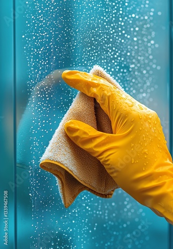 Hand With Yellow Glove Cleaning Wet Glass With an Orange Cloth