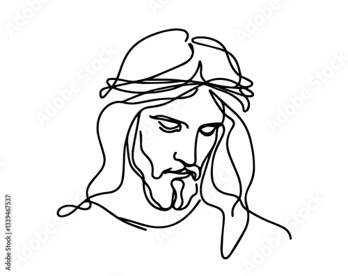 hand drawn vector of jesus christ’s face with crown of thorns in one line style, black and white