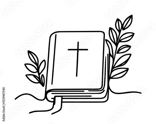 black and white vector of holy bible with cross on cover and decorative branches