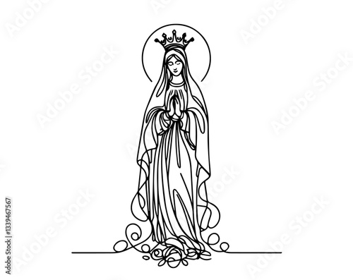 One-line crowned Virgin Mary standing on roses – minimalist vector illustration