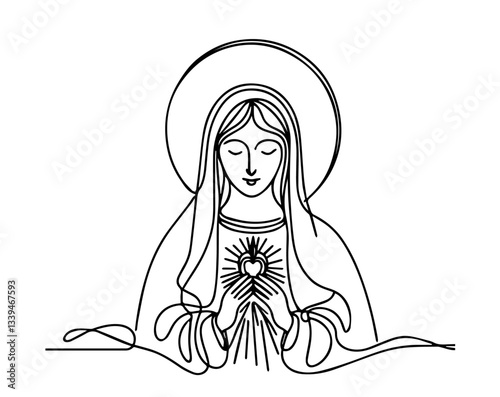 Minimal one-line Immaculate Heart of Mary portrait – religious vector illustration