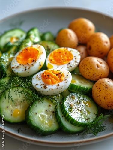 Delicious Cucumber Salad With Boiled Eggs and Small Potatoes in a Bowl for Meal