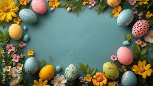 Pastel Easter Eggs and Spring Flowers Arranged on a Light Blue Background in ...