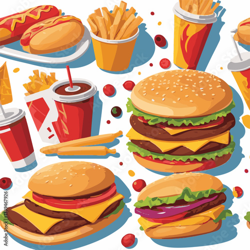 fastfood, fast, snack, food, meal, delicious, background, lunch, dinner, fat, american, burger, unhealthy, restaurant, meat, isolated, junk, menu, cheeseburger, tasty, set, hamburger, sandwich, cuisin