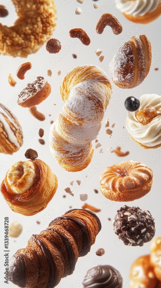 An assortment of delectable pastries appear to be floating in the air An assortment of delectable pastries appear to be floating in the air