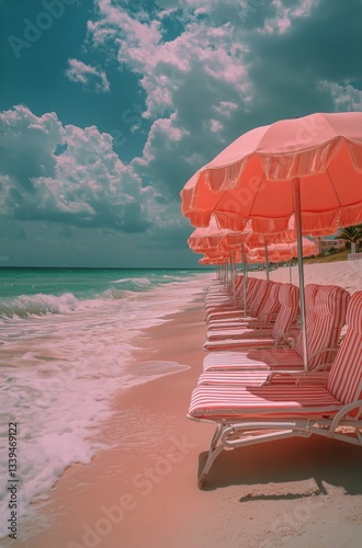 Red Umbrellas and Lounge Chairs on White Sand Beach Under Cloudy Sky