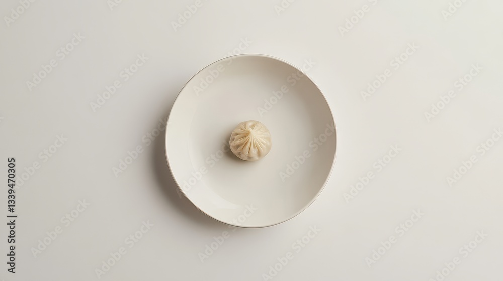 A single dumpling resting on a plain white ceramic plate A single dumpling resting on a plain white ceramic plate
