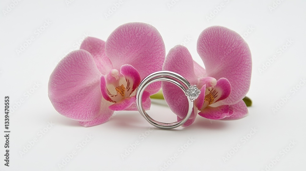 Fototapeta premium A lovely composition of pink orchids and two intertwined wedding rings on a white background.