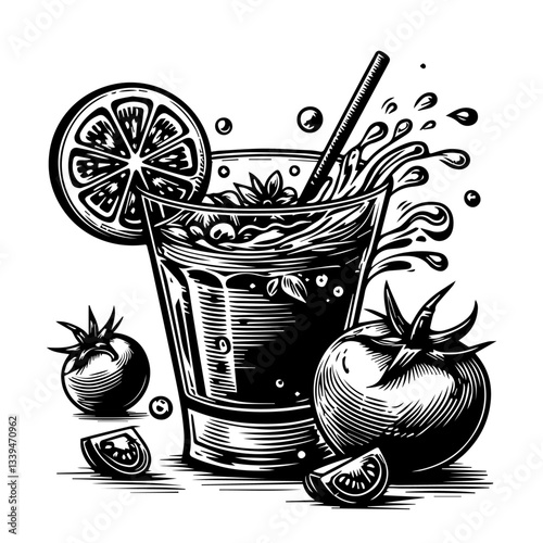 tomato juice splash with lemon, black and white engraving style vector, vintage drink illustration