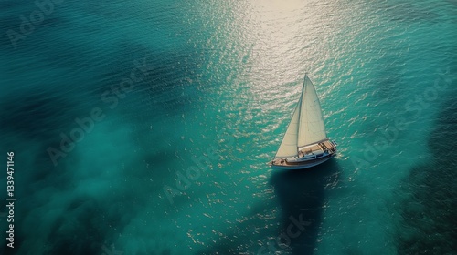 Sailing Boat Navigates Turquoise Ocean Waters, Aerial View During Bright Sunn...