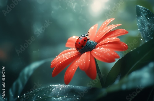 Ladybug Resting on a Pink Flower With a Blue Center in Vibrant Outdoor Light