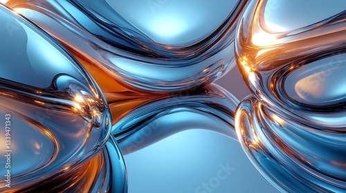 Abstract blue and orange metallic liquid forms.