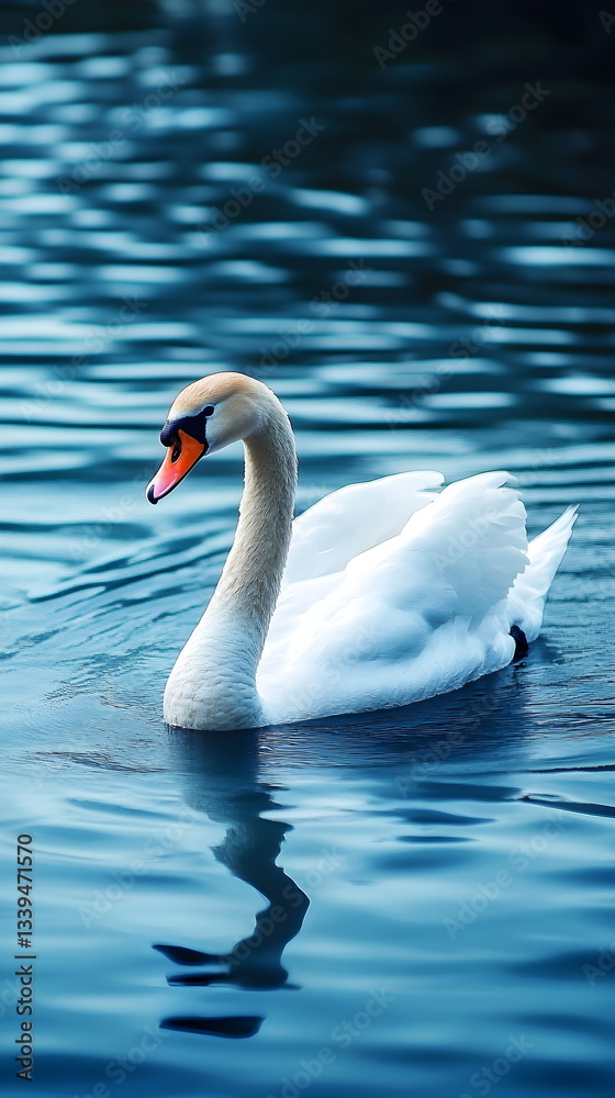 Obraz premium A majestic white swan glides smoothly across a serene blue lake, its elegant form reflecting on the water's surface. A breathtaking high-definition nature photograph capturing the beauty of wildlife.