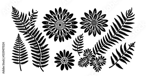 black silhouette vector of fern leaves and floral elements in decorative flat style