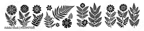 decorative floral and leaf collection in black and white, inspired by folk art patterns and nature motifs