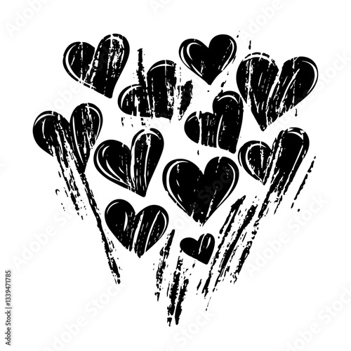 grunge heart shapes with brush stroke texture, expressive black and white romantic vector illustration